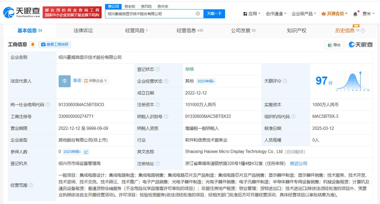 增幅10000%
天眼查App显示，近日，绍兴豪威微显示技术股份有限公司发生工商
