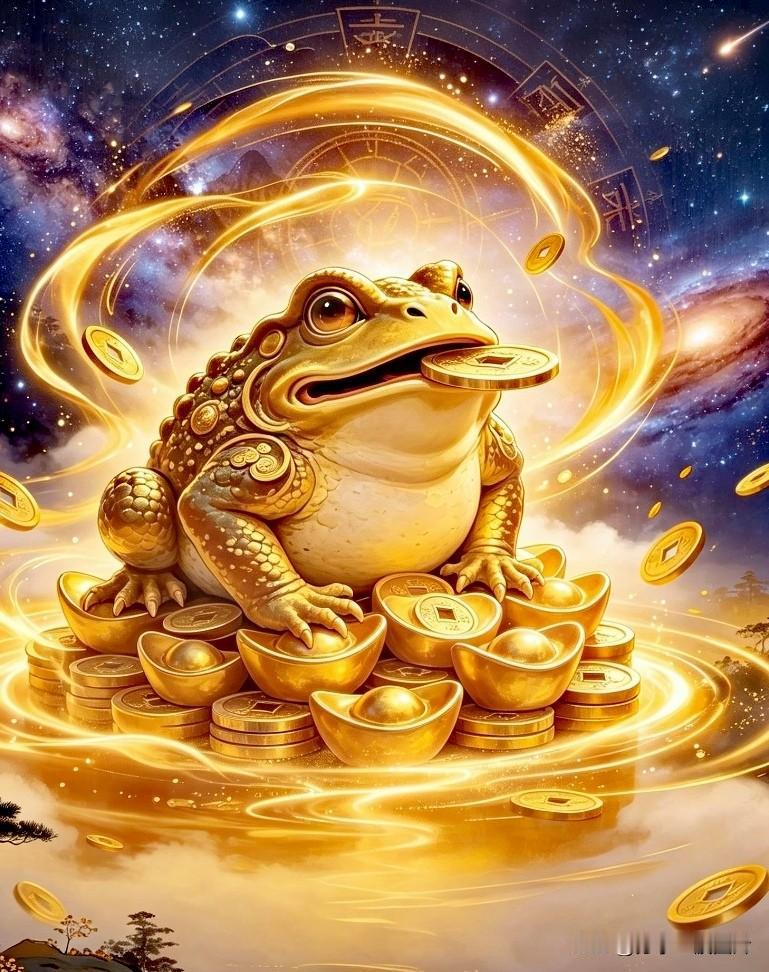 金蟾衔币招财禄，
定鼎堆金纳福祥。