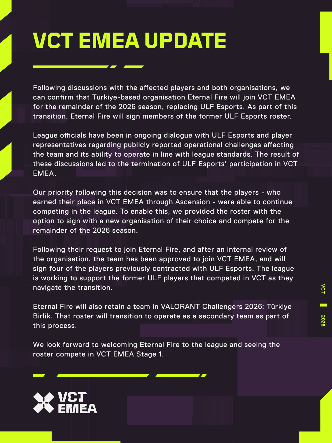 EMEA赛区发布公告：ULF退出EMEA联赛，EF加入并保留原阵容