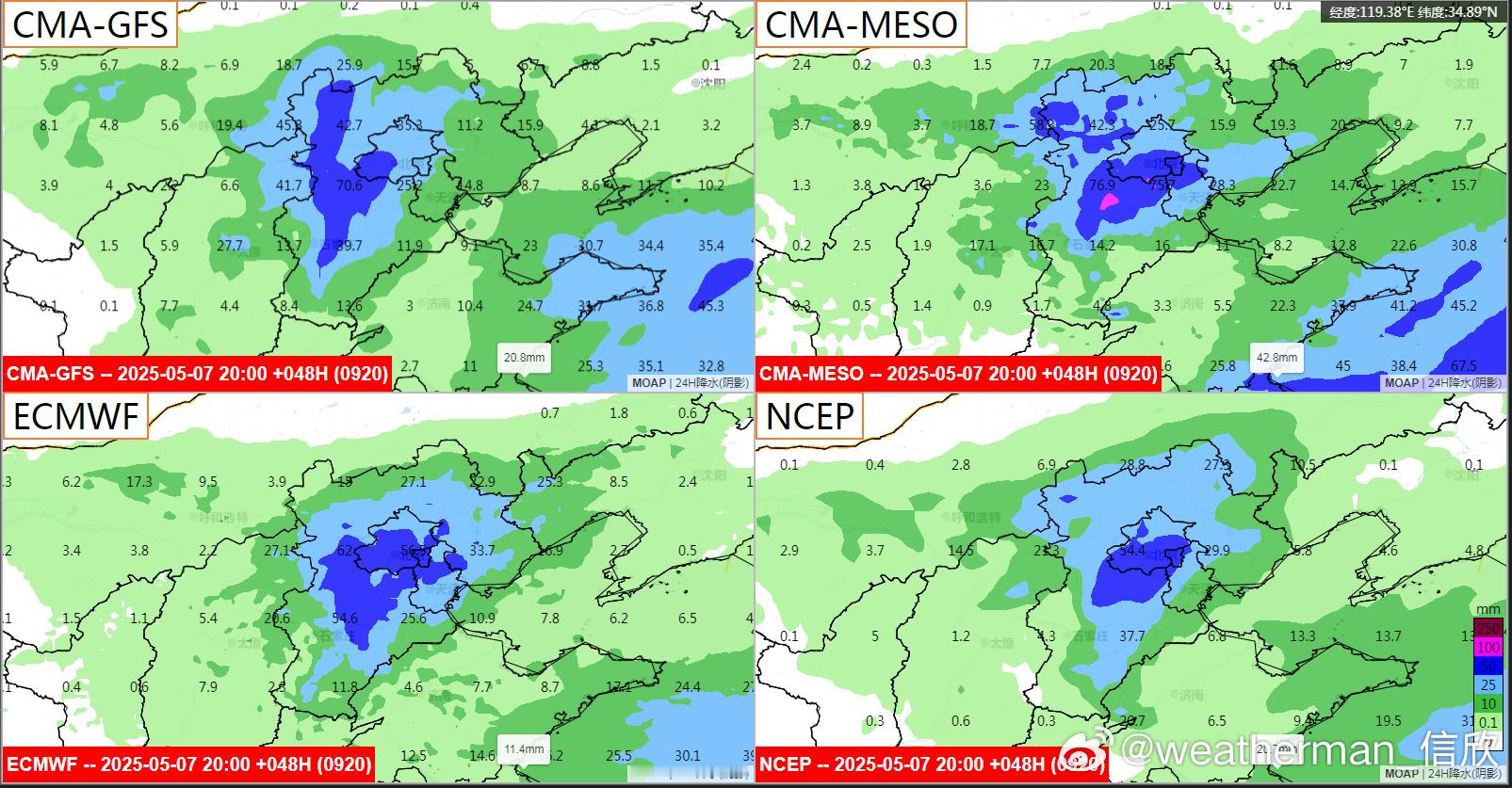 【华北降水分析】目前数值预报对于8日晚-9日华北的降雨，趋于一致。在河北中部和北