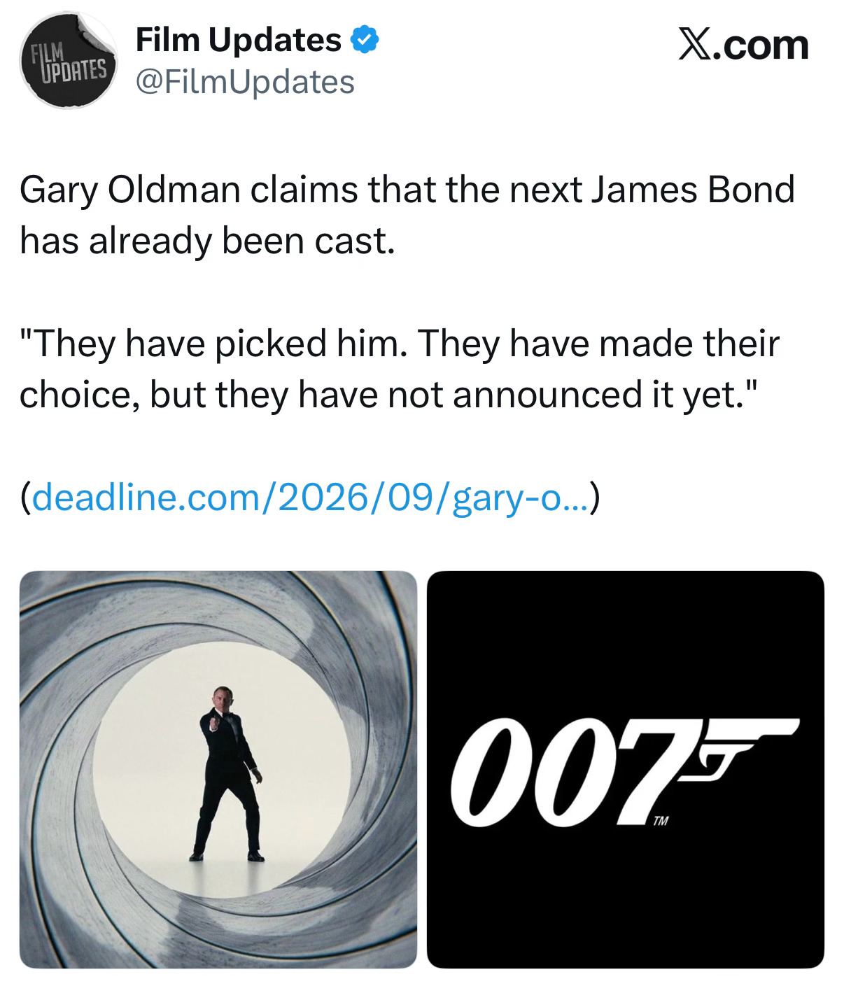 老人叔化身谜语人 暗示新007选角敲定加里·奥德曼称下一任詹姆斯·邦德已经选定，