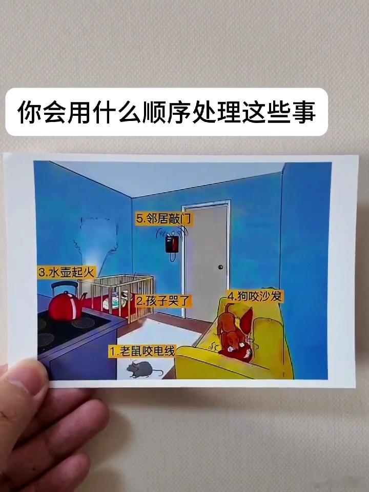 假如同时发生这5件事情，你会用什么顺序处理这些事 ？1．邻居敲门2．水壶起火3．