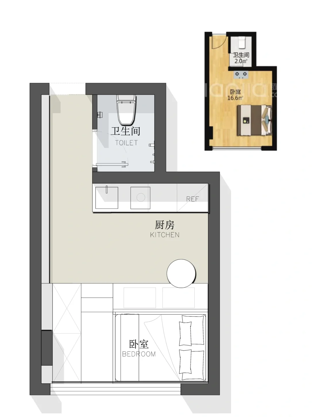 户型设计/27.7㎡小户型单身公寓平面方案优化