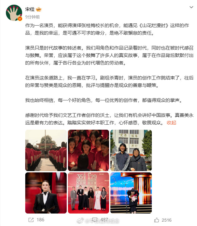 【宋佳称批评是鞭策】宋佳心怀感恩敬畏观众10月10日，发文：作为一名演员，能获得