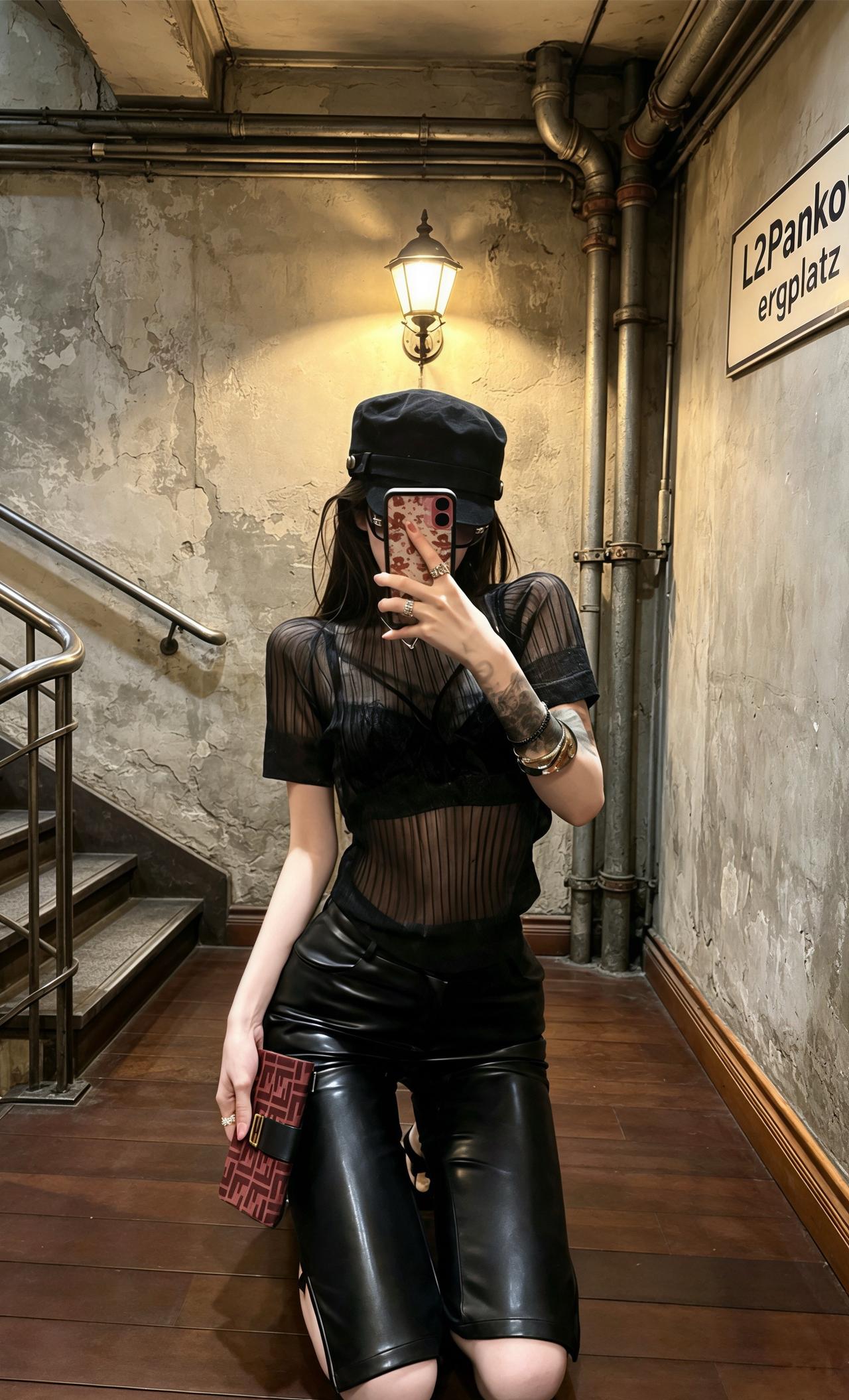 皮衣辣妹穿搭 蕾丝纯欲望修身上衣 辣妹皮衣look 黑色性感上衣