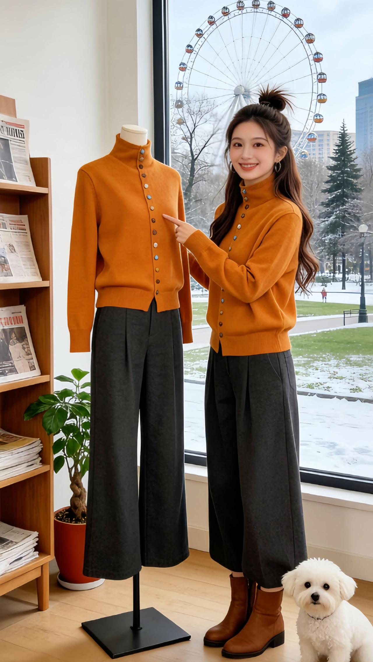 周末翻出这件桔色高领毛衣，搭深灰阔腿裤和棕色短靴，带着小奶狗解锁了秋冬穿搭新玩法