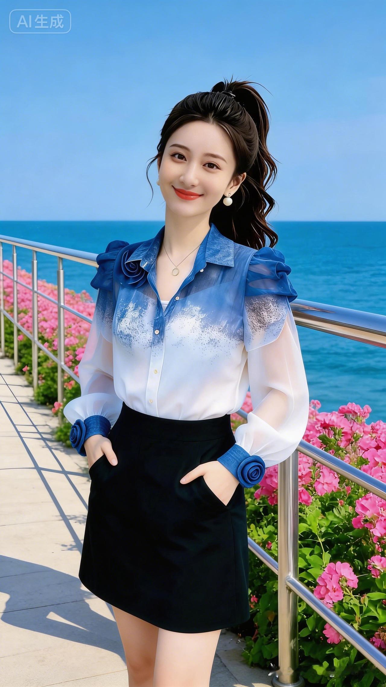 美女这一身蓝白上衣配黑裤子的穿搭，站在大海边长满鲜花的栏杆旁，简直美出天际。蓝白