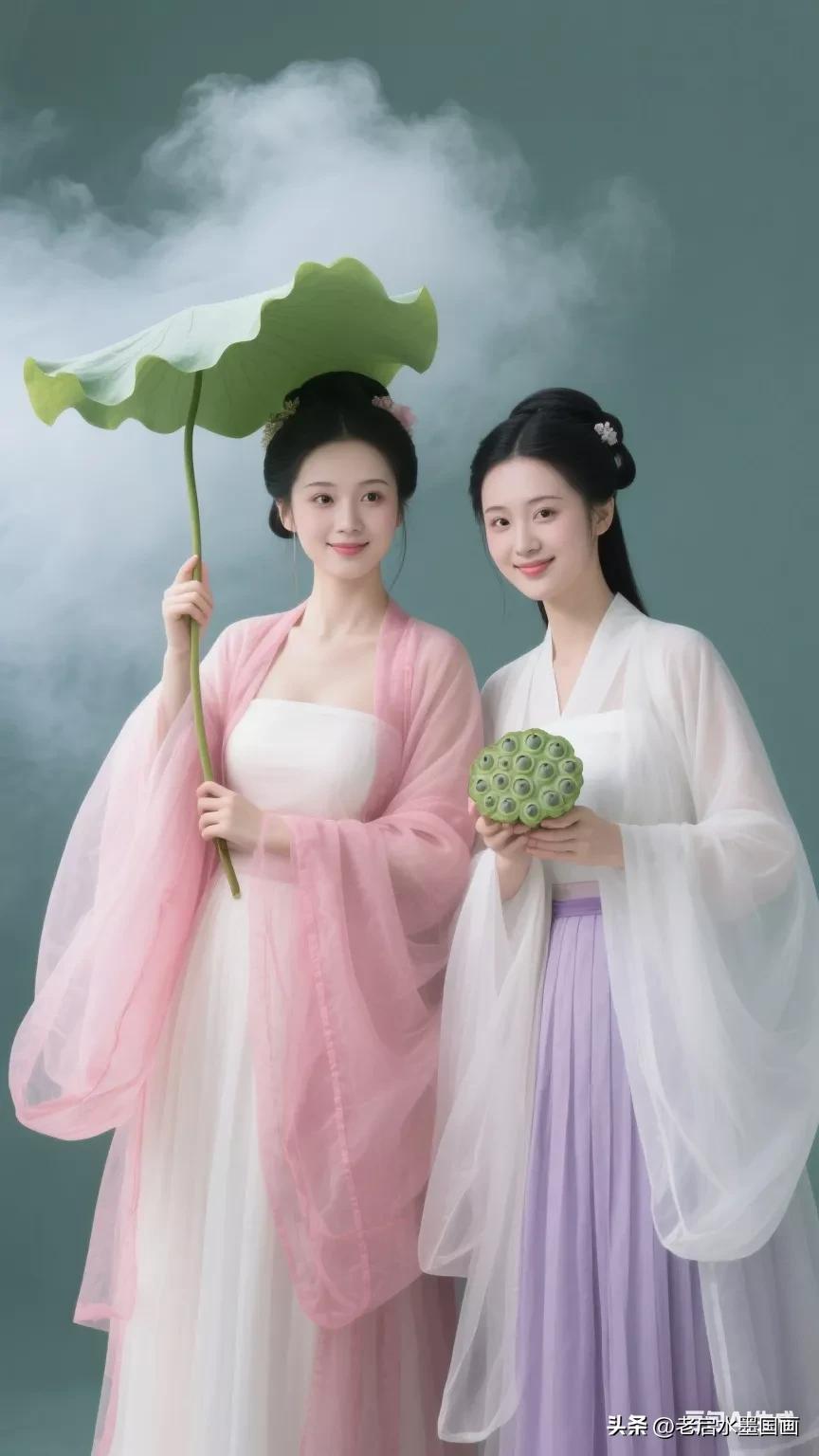 仙气飘飘的汉服姐妹，荷叶伞下共赏莲香。张立启原创书画AI作品古仕女发髻服饰集锦首