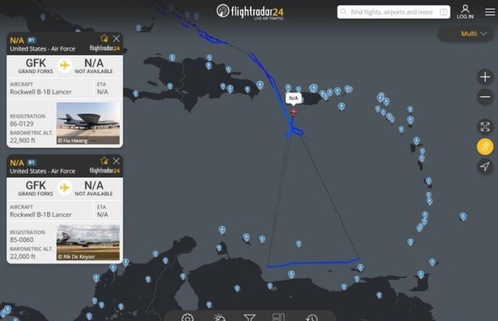 两架美国B-1B轰炸机在委内瑞拉海岸飞行后返回美国。 ​