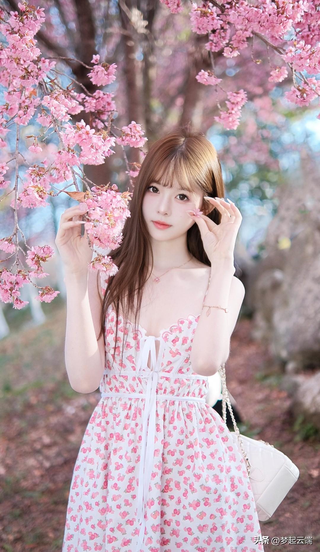 樱花树下，甜美少女，粉色花裙，春日浪漫。