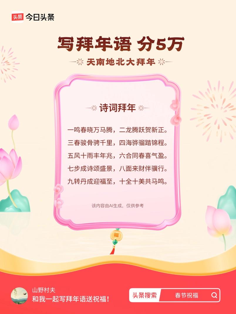 写拜年语送祝福新春拜年送祝福！我的祝福是：“一鸣春晓万马腾，二龙腾跃贺新正。三春
