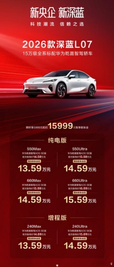 华为乾崑智驾下放15万级！深蓝L07全系标配，综合续航达1500km8月13日，