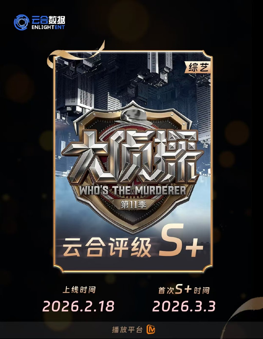 大侦探11云合评级云合S+强势认证，十一季热度持续狂飙。剧本精良立意在线，嘉宾默