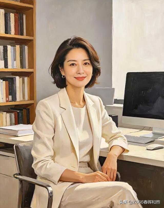 美不美你说了算💞💞米色西装修身得体，书房光影间从容端坐，知性温婉气韵自生。