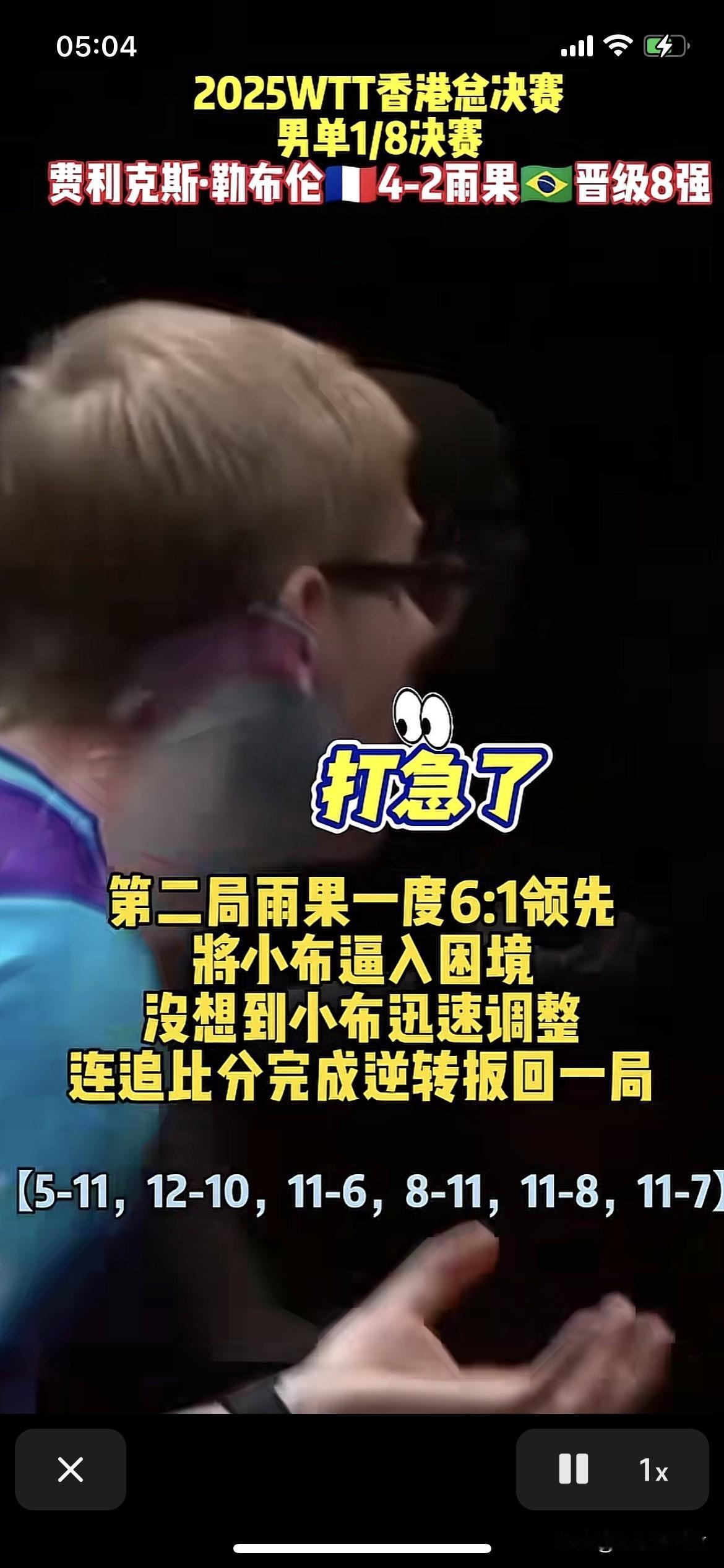 雨果2:4输小布。小布涨球了。
雨果没有参加成都混合团体世界杯，就为了准备香港总