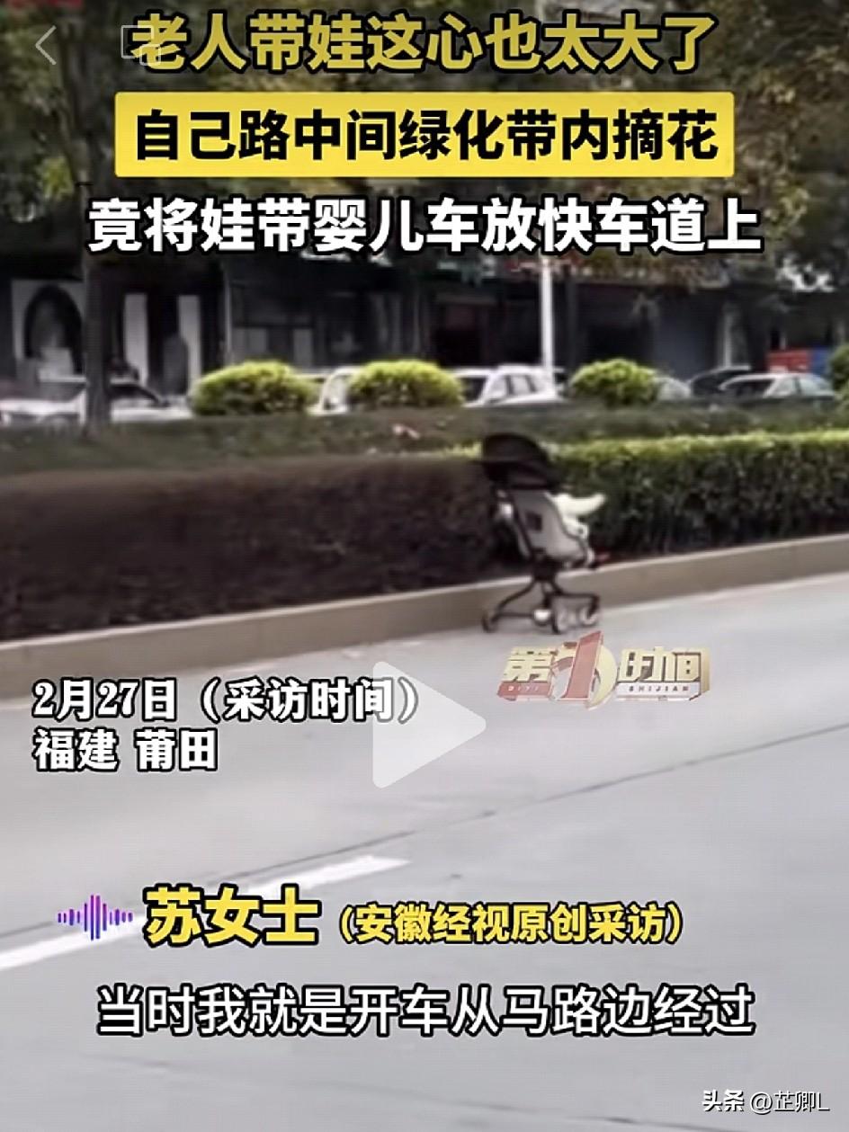 吓出一身冷汗！莆田老人把宝宝和婴儿车放在快车道，自己竟钻进绿化带专心摘花？！
 