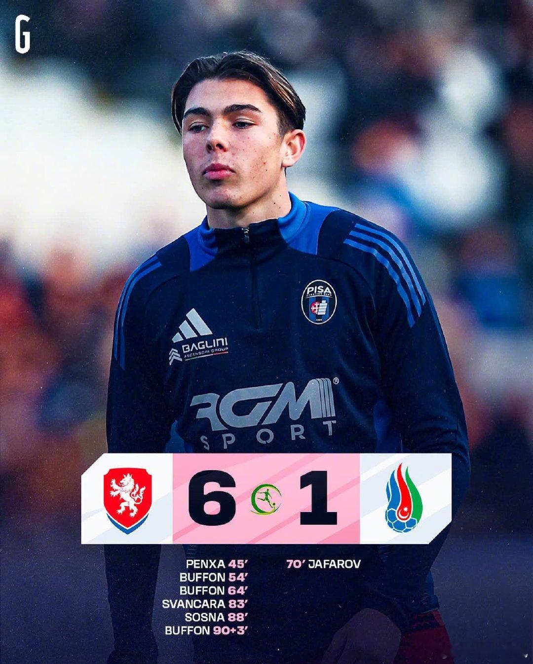 【星二代】布冯17岁的儿子路易斯-布冯，在捷克U19vs阿塞拜疆U19的比赛中戴