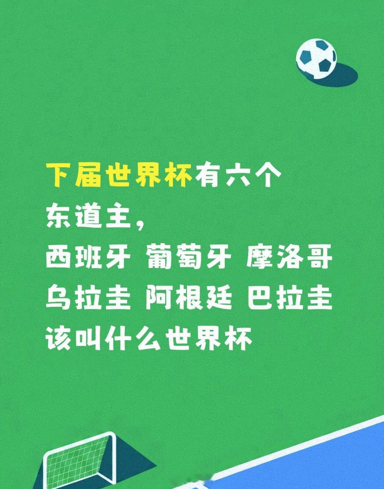 下届世界杯居然有六个主办国其实主要还是西班牙，葡萄牙，摩洛哥……除此以外的三个各