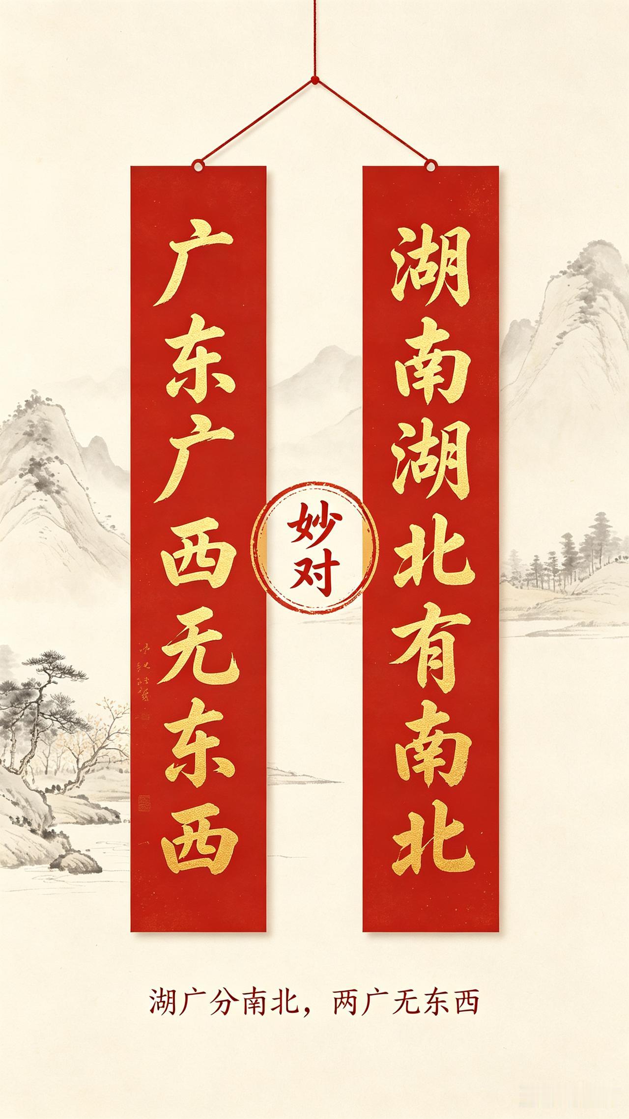 注：
 
1. 对仗工整：省份名"广东广西"对"湖南湖北"，方位词"东西"对"南