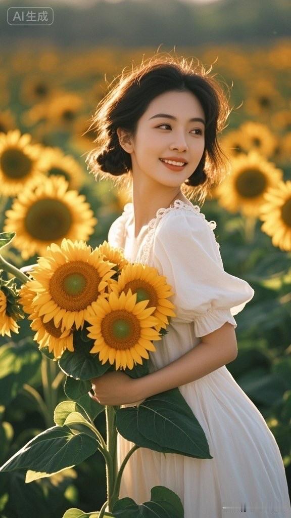 阳光明媚，她抱着向日葵在田野里。