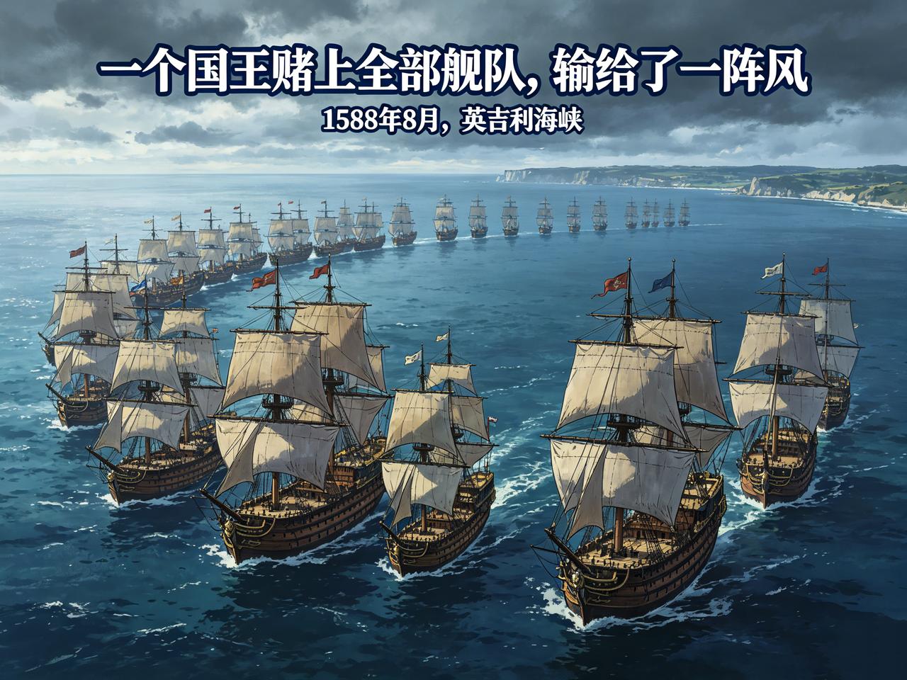 1588年8月，英吉利海峡。西班牙无敌舰队排成新月阵型，一百三十艘巨舰，三万士兵
