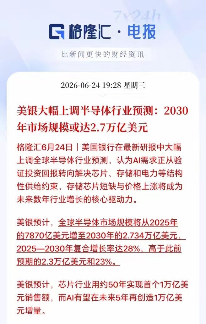 美银发大利好了，半导体这一波估计会涨到让人难以置信！盘后美银发布报告，大幅上调全