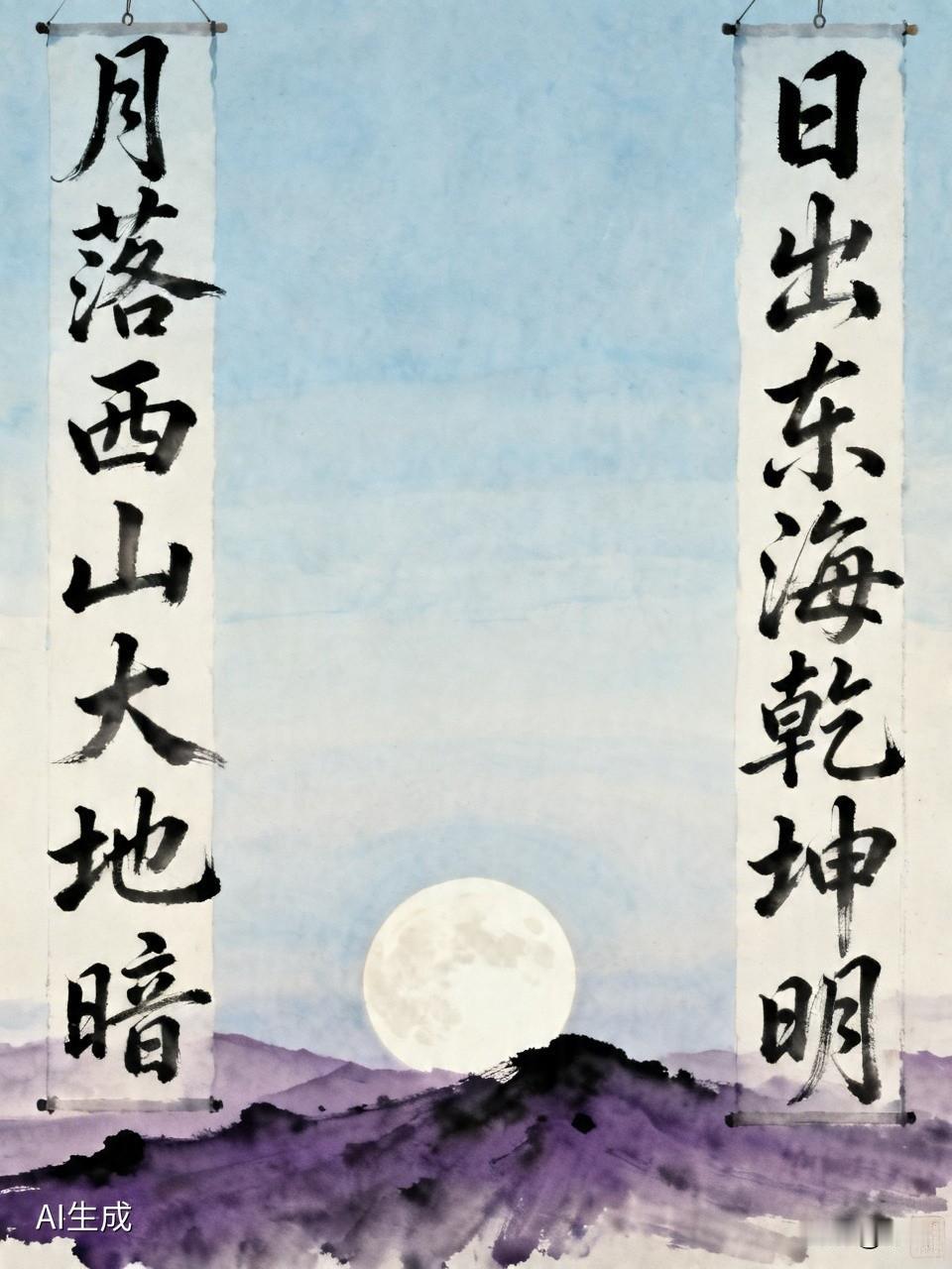 见“月落西山大地暗”上联
韵味十足
我对“日出东海乾坤明”
上联绘月落西山
大地