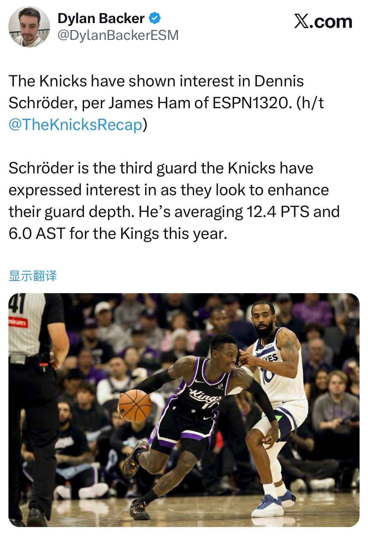 国王记者James Ham：尼克斯队已对施罗德表达兴趣。施罗德是尼克斯为提升后卫