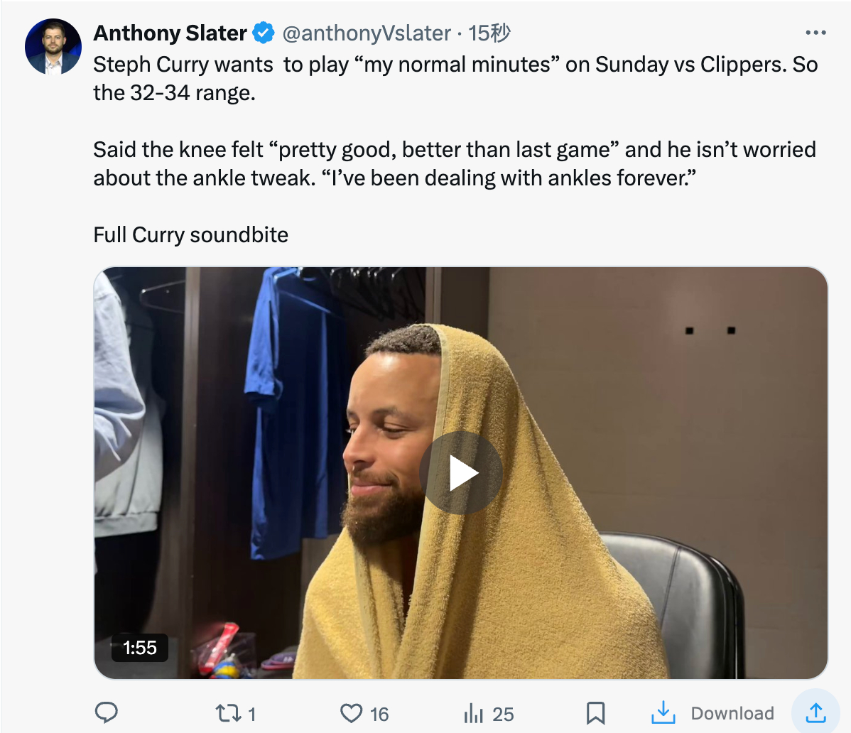 斯蒂芬·库里希望在周日对阵快船的比赛中打“我的正常上场时间”。所以是32-34分