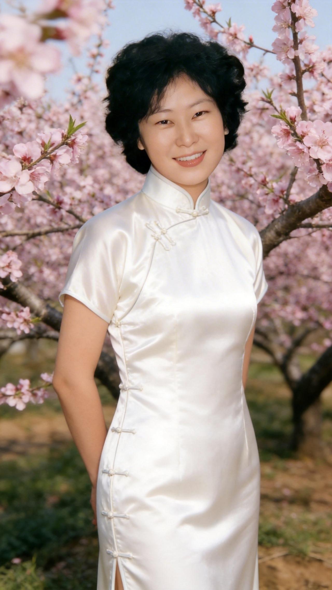 春日里的优雅旗袍照，粉花映衬下的甜美笑容