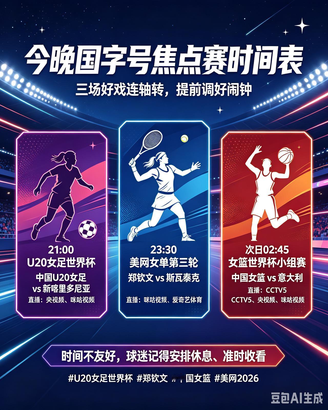球迷朋友们，你会熬夜看球嘛？深夜连场好戏！三场国字号焦点战！
    今晚多场中