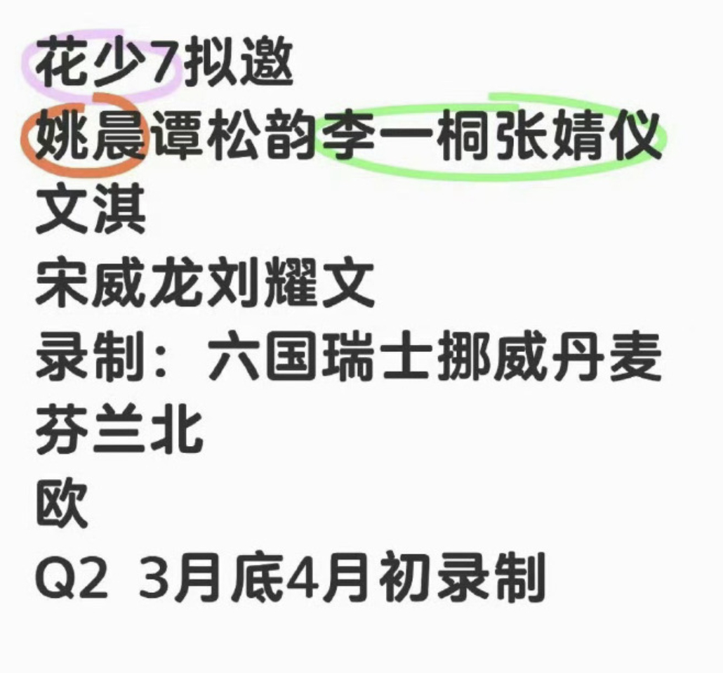 花少7拟邀：姚晨、谭松韵、李一桐、张婧仪、文淇、宋威龙、刘耀文 ​​​，这阵容怎