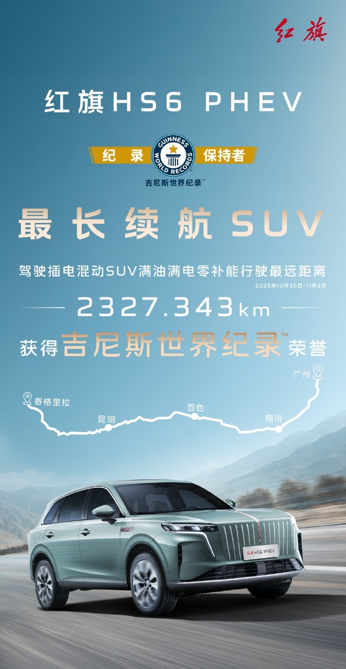 中国混动破世界纪录红旗HS6 PHEV太猛了，直接创下插混续航吉尼斯纪录，极限测
