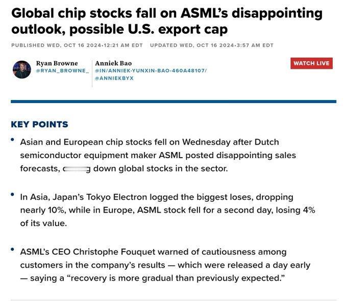 荷兰半导体设备制造商 ASML 因美国对华出口限制，一天内市值蒸发 530 亿美