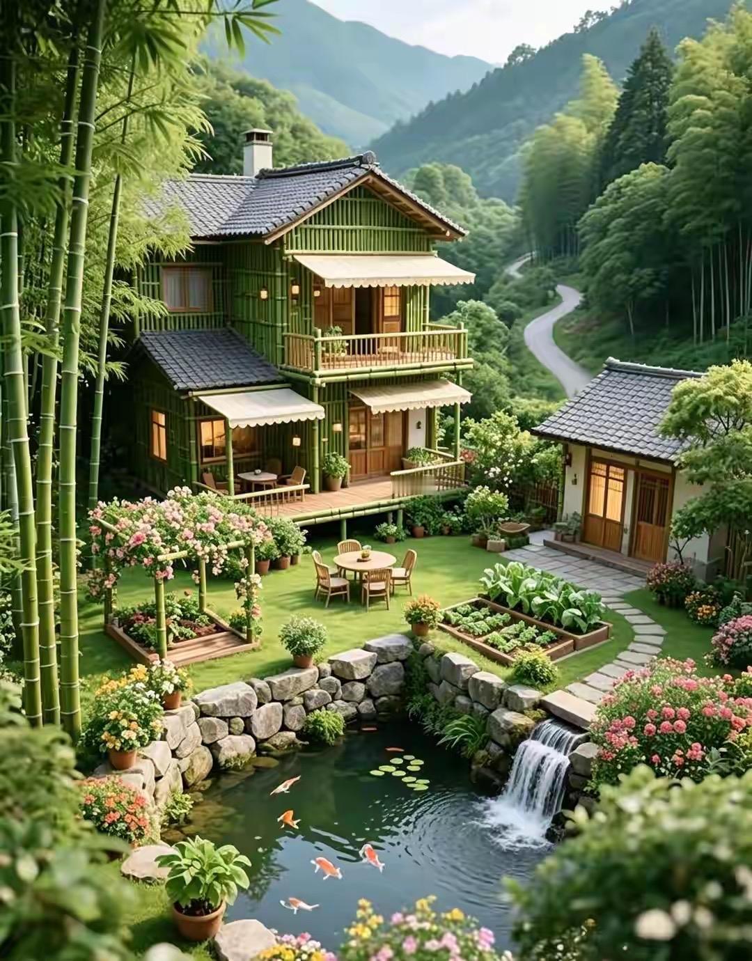 平平仄仄）三分竹苑，
仄仄平平）半亩菏塘。
横批：《竹苑与菏塘》