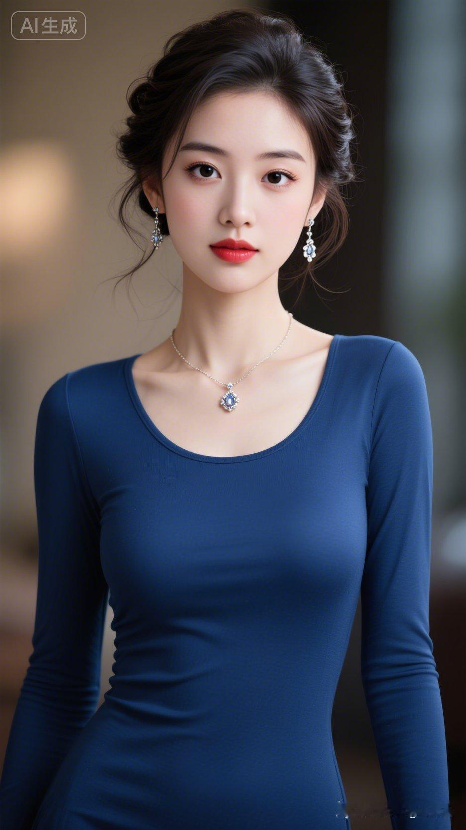 绝色美人气质卓然，肤白细腻光滑似凝脂，盘发微乱蓬松添慵懒，着深蓝色紧身衣勾勒曼妙