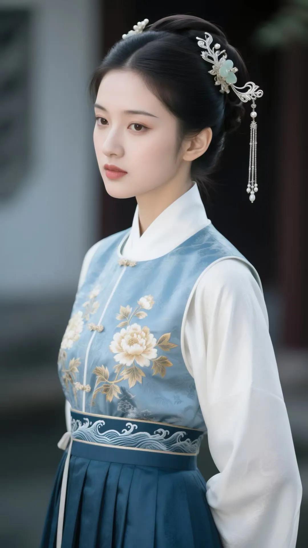 古典美人，一袭蓝白相间的汉服，优雅动人。