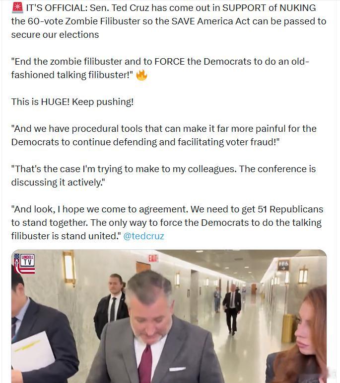 参议员泰德·克鲁兹已明确表示支持废除60票“僵尸”阻挠议事程序（僵尸冗长辩论），