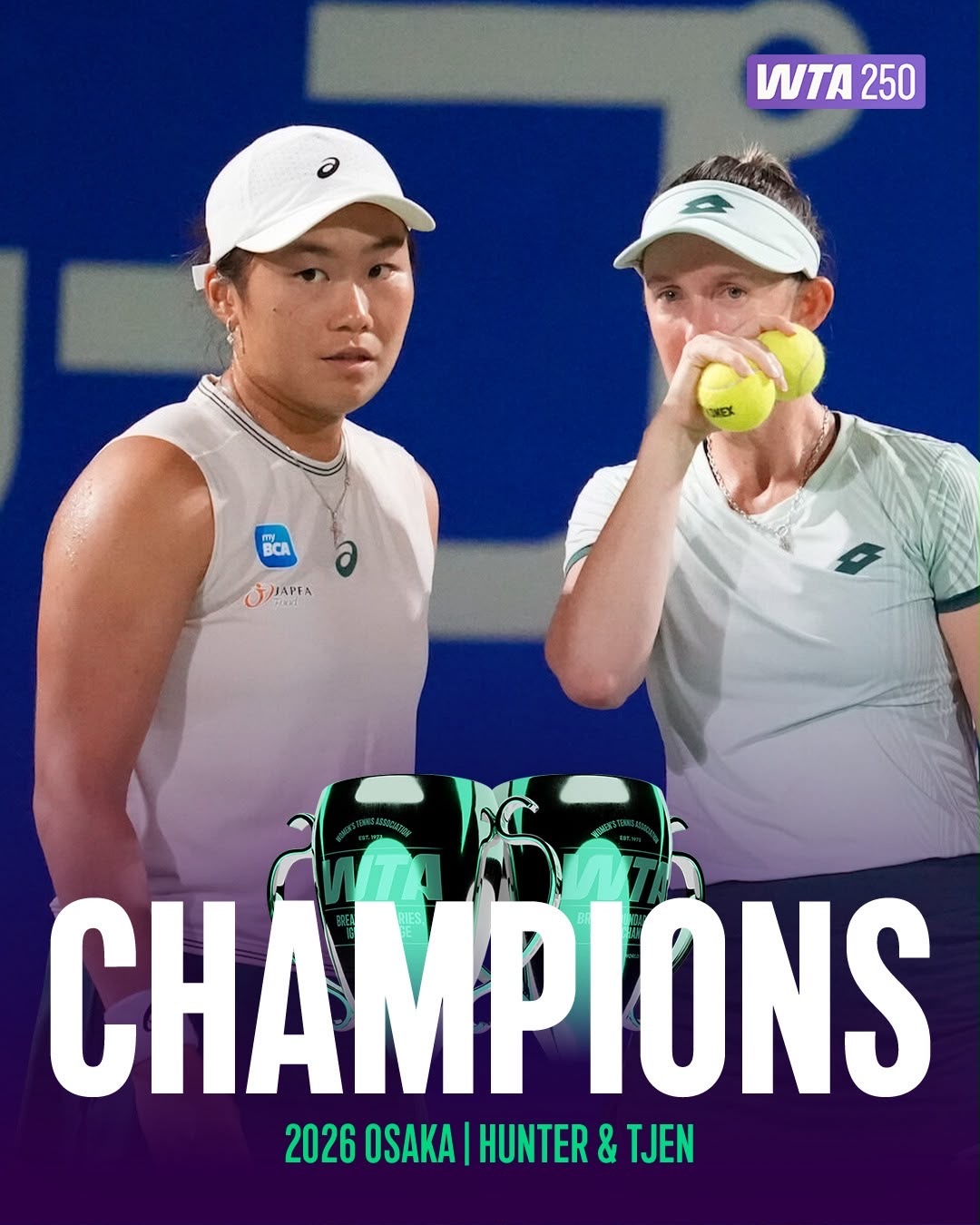 WTA250大阪站接近尾声，斯尼亚科娃和克鲁格会师决赛。曾丽美/亨特女双折桂。w
