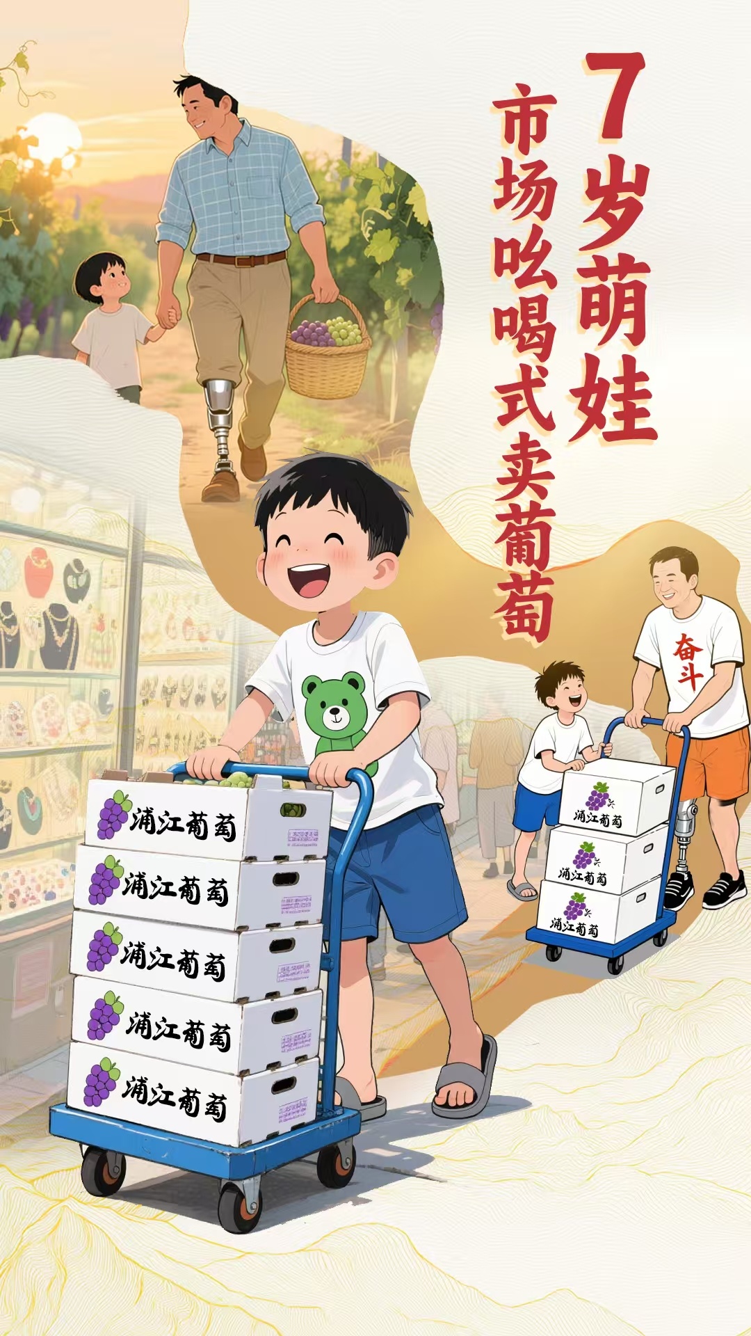 金华小孩哥为残疾爸爸吆喝卖葡萄金华男孩在义乌小商品市场推车卖葡萄，大方吆喝毫不畏