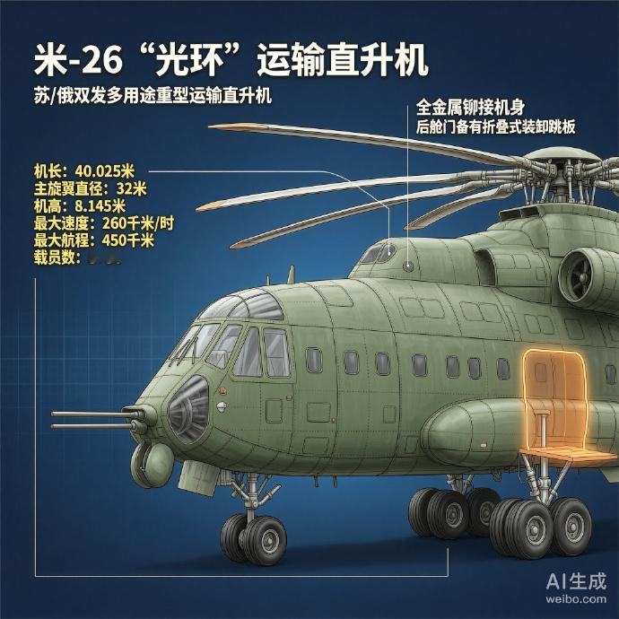 军事ai新视野 米-26“光环”运输直升机［苏］机长：40.025米主旋翼直径：
