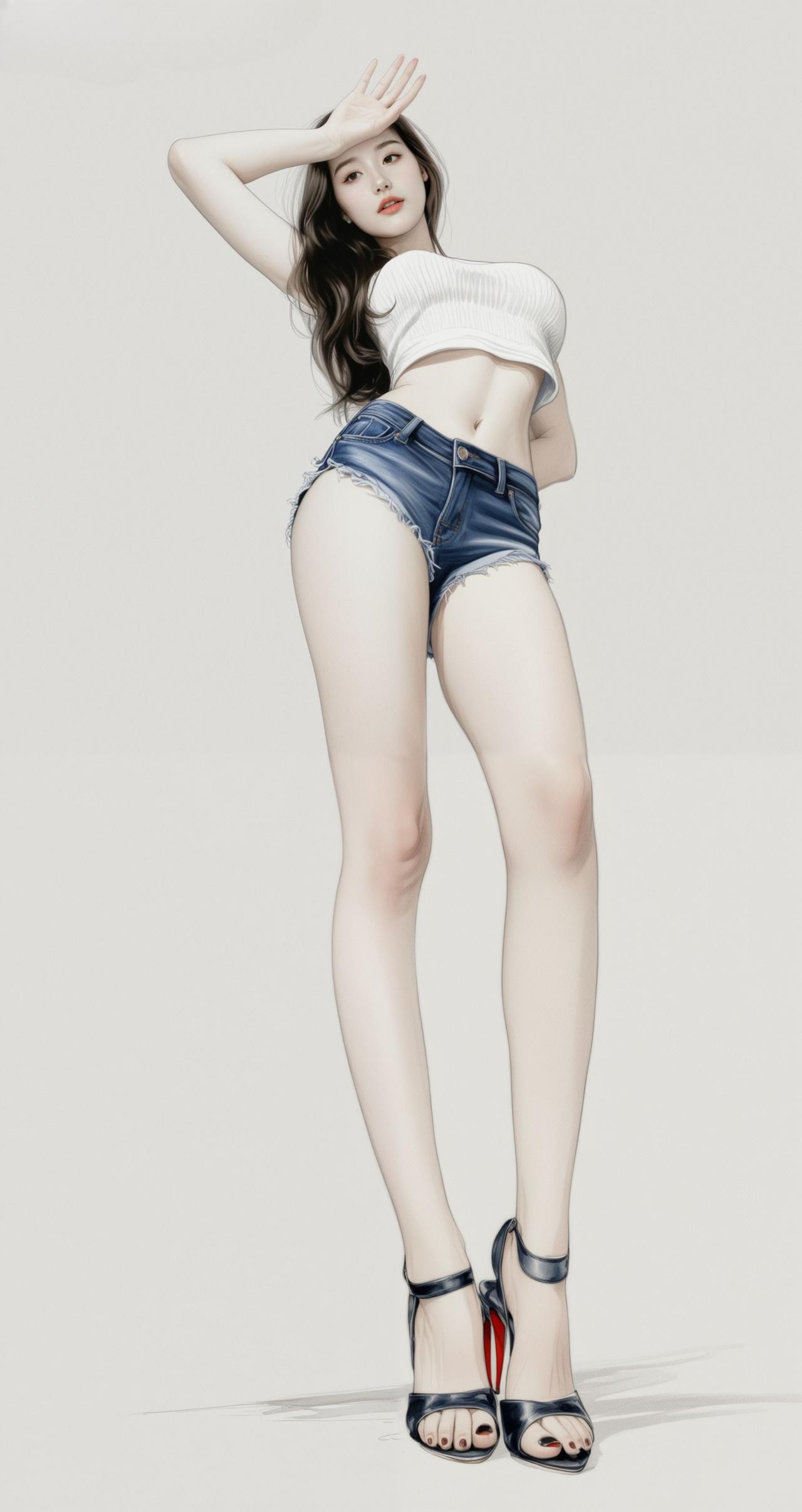 这姑娘穿着牛仔短裤，摆个pose。