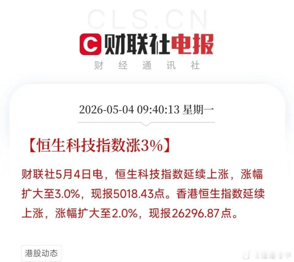 五一假期，港股率先开盘，几个数据指向同一个方向恒生科技指数涨3%！潍柴动力涨14