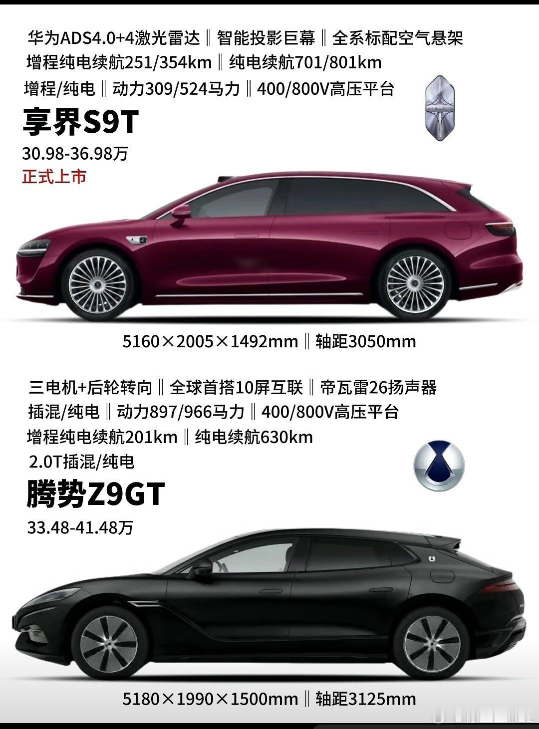 市面上最有竞争力的两台旅行车。享界S9T，智驾更好，纯电续航更长，三元锂电池。腾