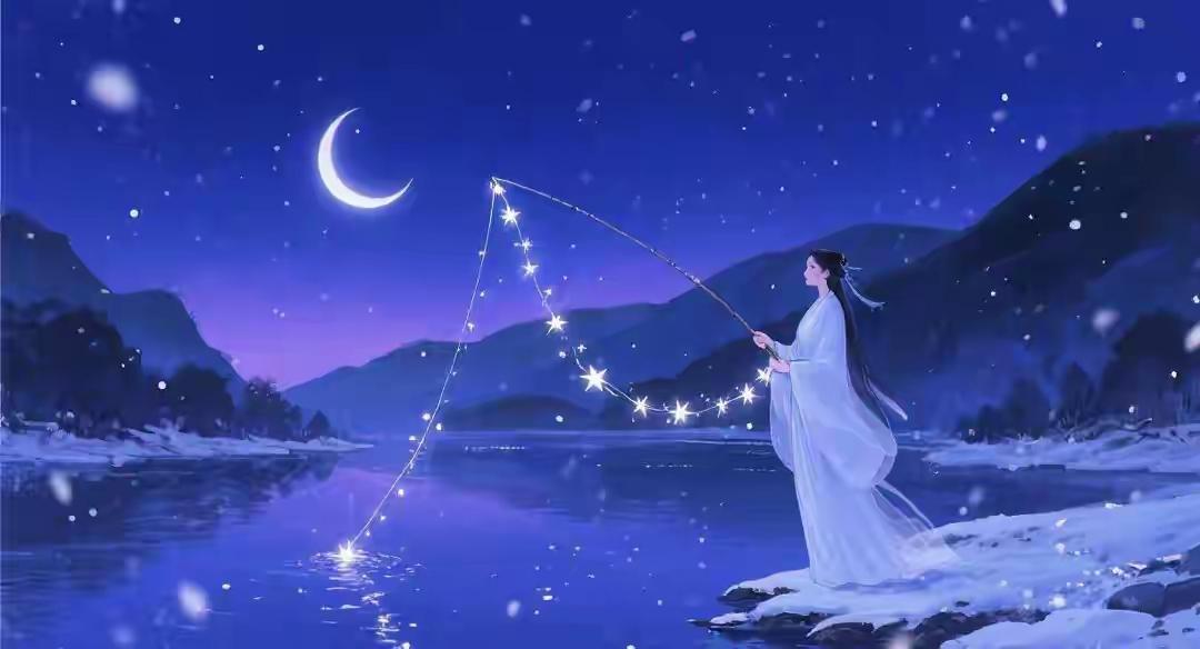 上联：明月弯弯钓晨曦
下联：寒星点点缀深空