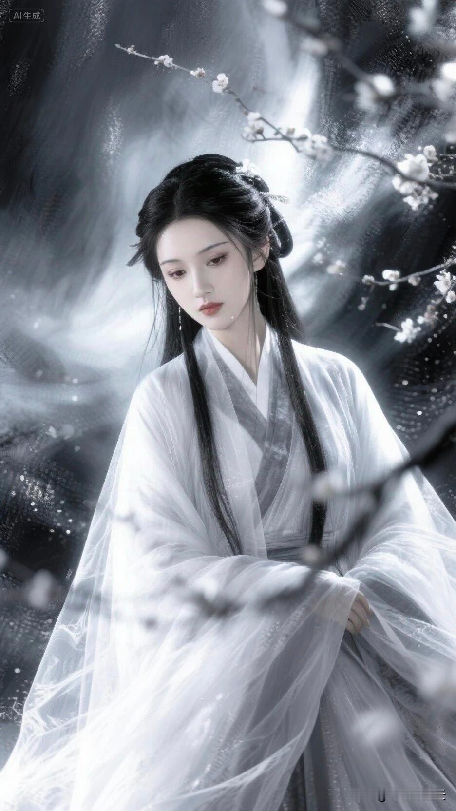 一袭素纱裁作裳，青丝婉转惹梅香。
眼眸藏尽霜天月，眉尖锁着旧时光。
飞花漫作身前