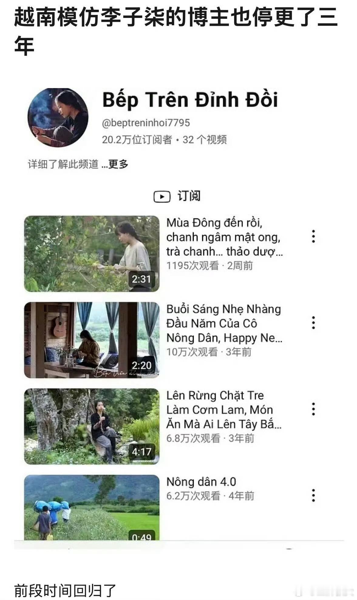 #越南模仿李子柒的博主也停更三年#大概是西施上了岗，东施也要紧随其后。​感觉隔空