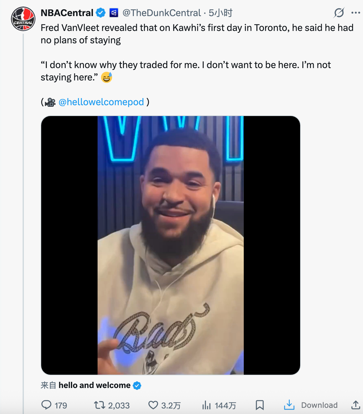 范弗利特做客播客节目爆料说，小卡到猛龙的第一天就说：“我不会待在这里，我不知道他