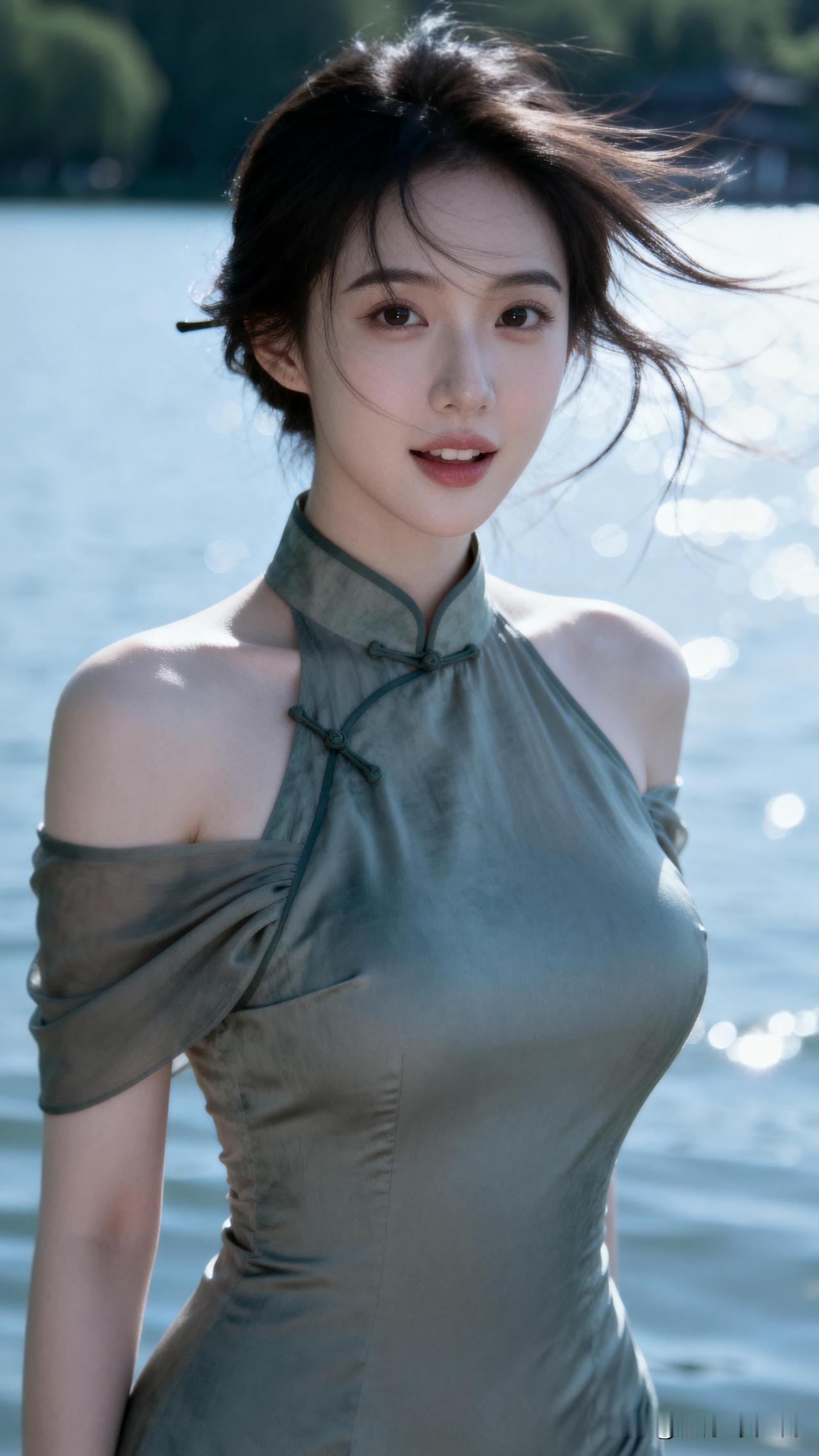 水光潋滟处，美人沐暖阳。你心中的美女啥模样 夏日湖畔的优雅少女，绿意盎然中尽显清
