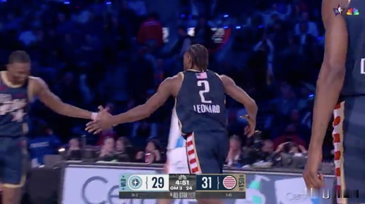 伦纳德明星赛战神卡降临！

伦纳德第二战目前投篮7中7，三分5中5，爆砍19分！